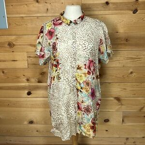 EUC Johnny Was leopard cheetah animal floral print silk tunic top blouse Large